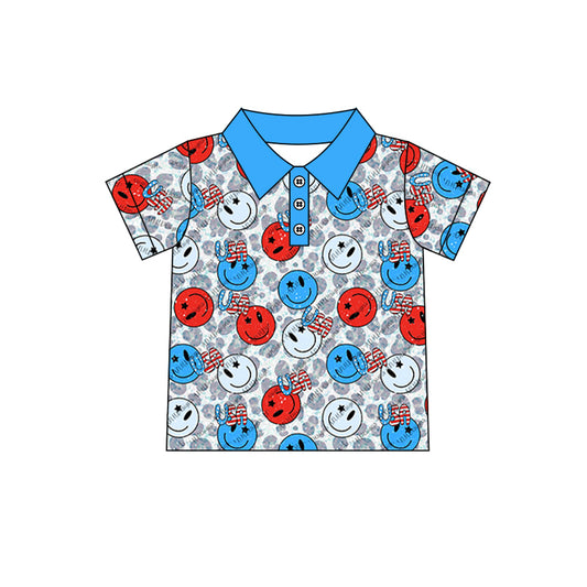 (Pre-order)BT0561 USA Smiling Face Print Boys 4th of July Polo Tee Shirts Top