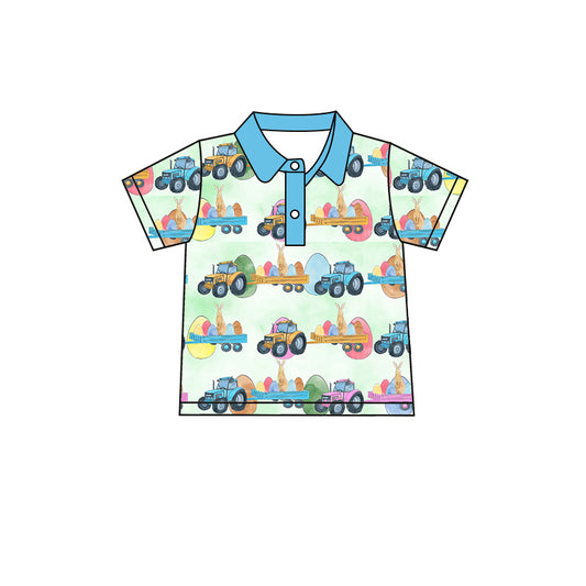 (Pre-order)BT0564 Tractors Eggs Bunny Print Boys Easter Polo Tee Shirts Top