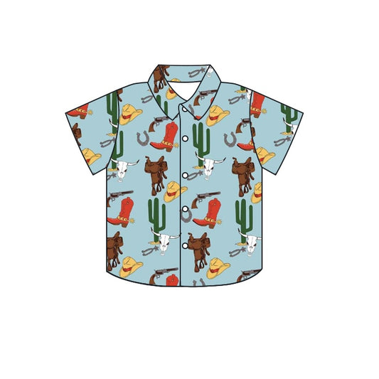 (Pre-order)BT0577  Hat Boots Cactus Cowboy Print Boys Summer Tee Shirts Top