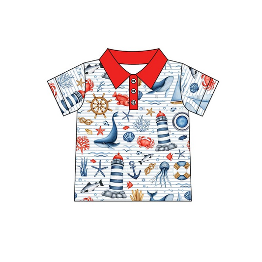 (Pre-order)BT0632  Sea Boats Print Boys Summer Polo Tee Shirts Top