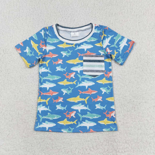 BT0667  Colorful Shark Print Pocket Boys Summer Tee Shirts Top