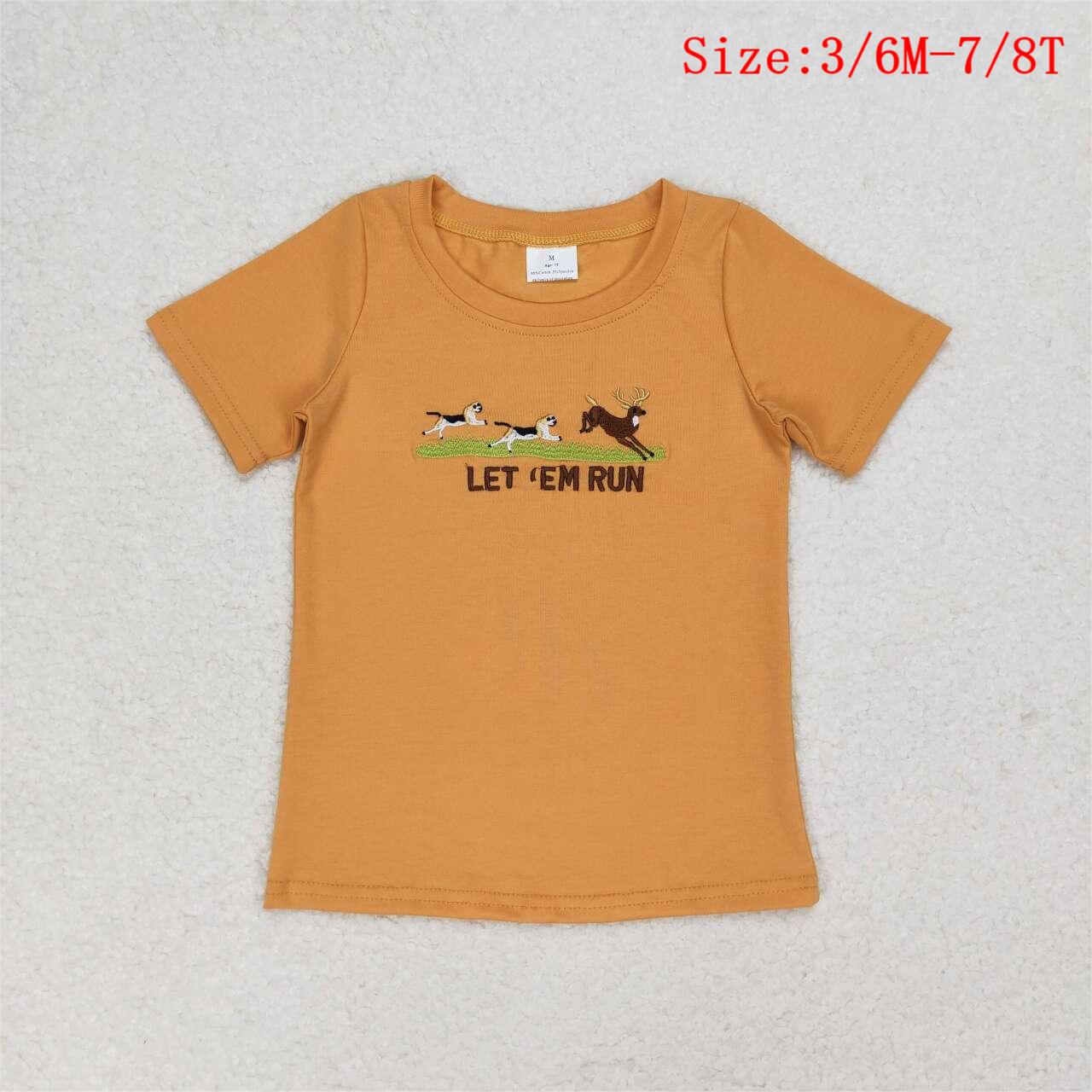 BT0674  Let Em Run Dog Deer Embroidery Hunting Print Boys Summer Tee Shirts Top