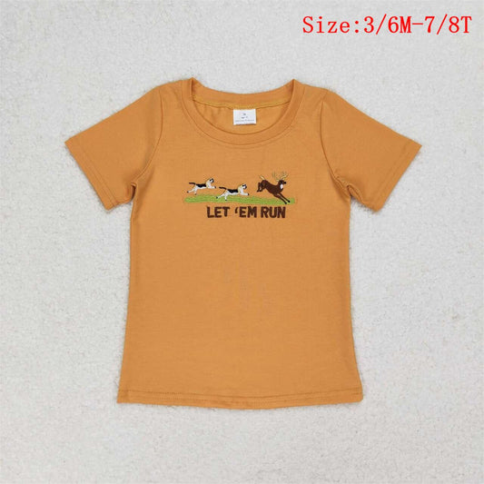 BT0674  Let Em Run Dog Deer Embroidery Hunting Print Boys Summer Tee Shirts Top