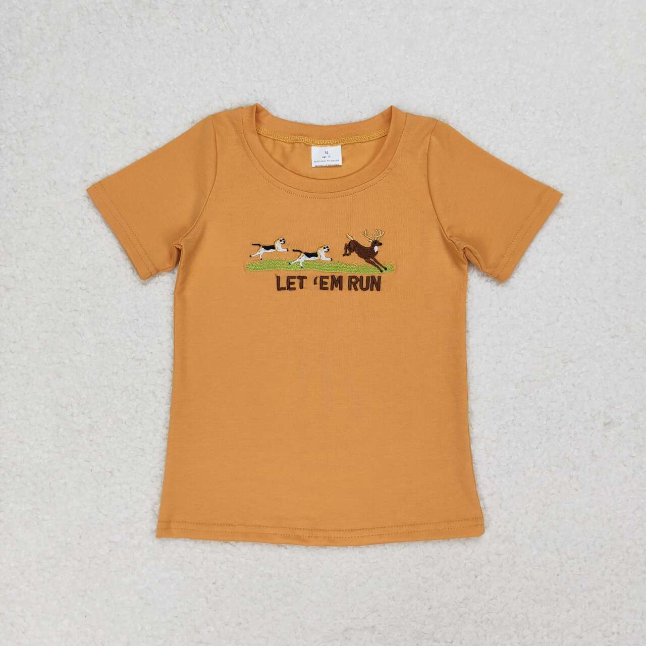 BT0674  Let Em Run Dog Deer Embroidery Hunting Print Boys Summer Tee Shirts Top