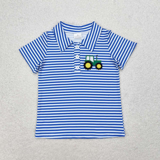 BT0689  Tractor Embroidery Stripes Print Boys Summer Polo Tee Shirts Top