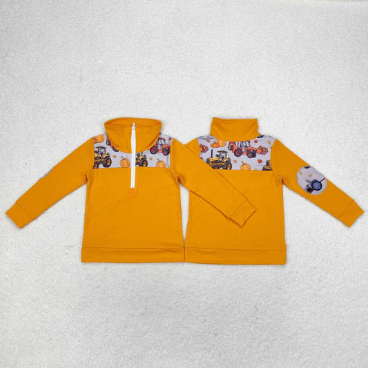BT0695 Tractor Pumpkin Print Boys Fall Zipper Pullover Shirts Top