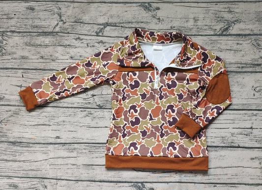 (Pre-order)BT0712 Brown Camo Duck Print Boys Pullover Zipper Tee Shirts Top