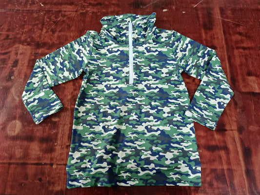 (Custom Design Preorder MOQ 3 ) Green Camo Print Boys Fall Pullover Zipper Tee Shirts Top