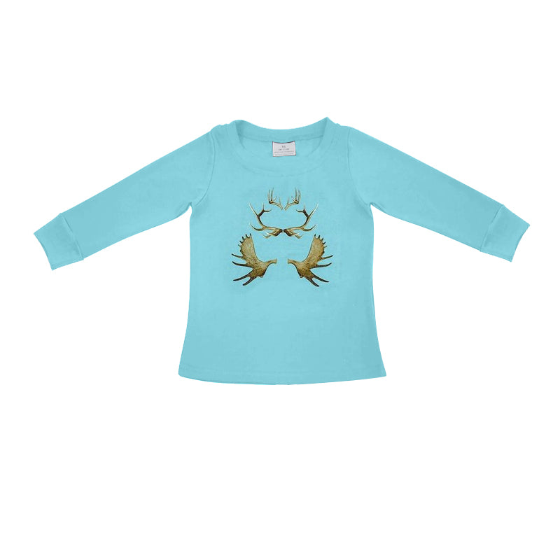 (Pre-order)BT0729 Deer Horn Blue Print Boys Fall Tee Shirts Top