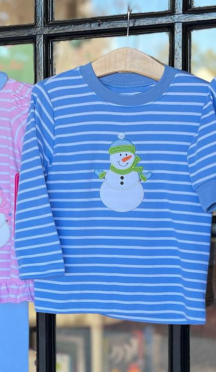 (Pre-order)BT0735 Snowman Blue Stripes Print Boys Fall Tee Shirts Top