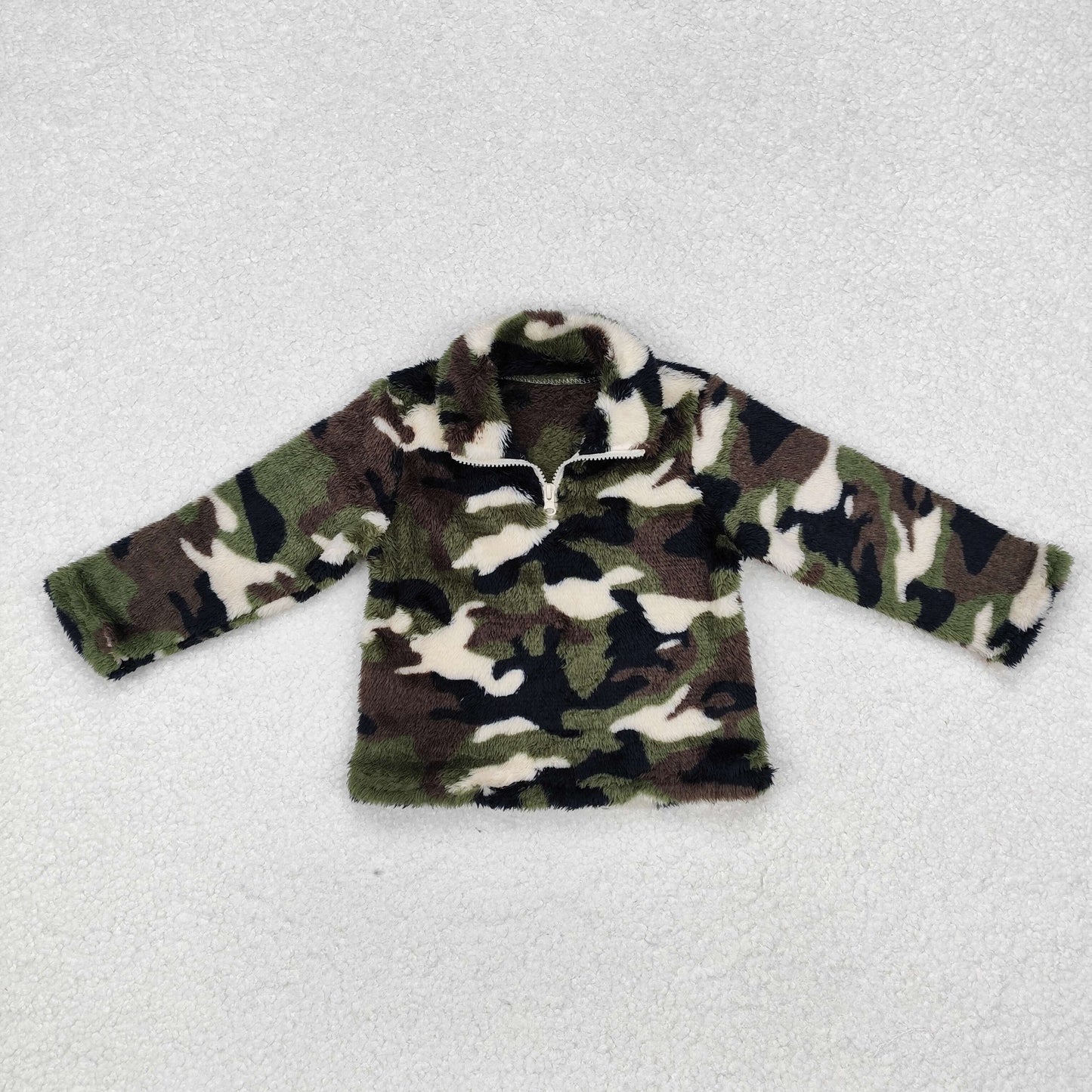 BT0737 Green Camo Print Zip Winter Thick Pullover Boys Sherpa Western Top