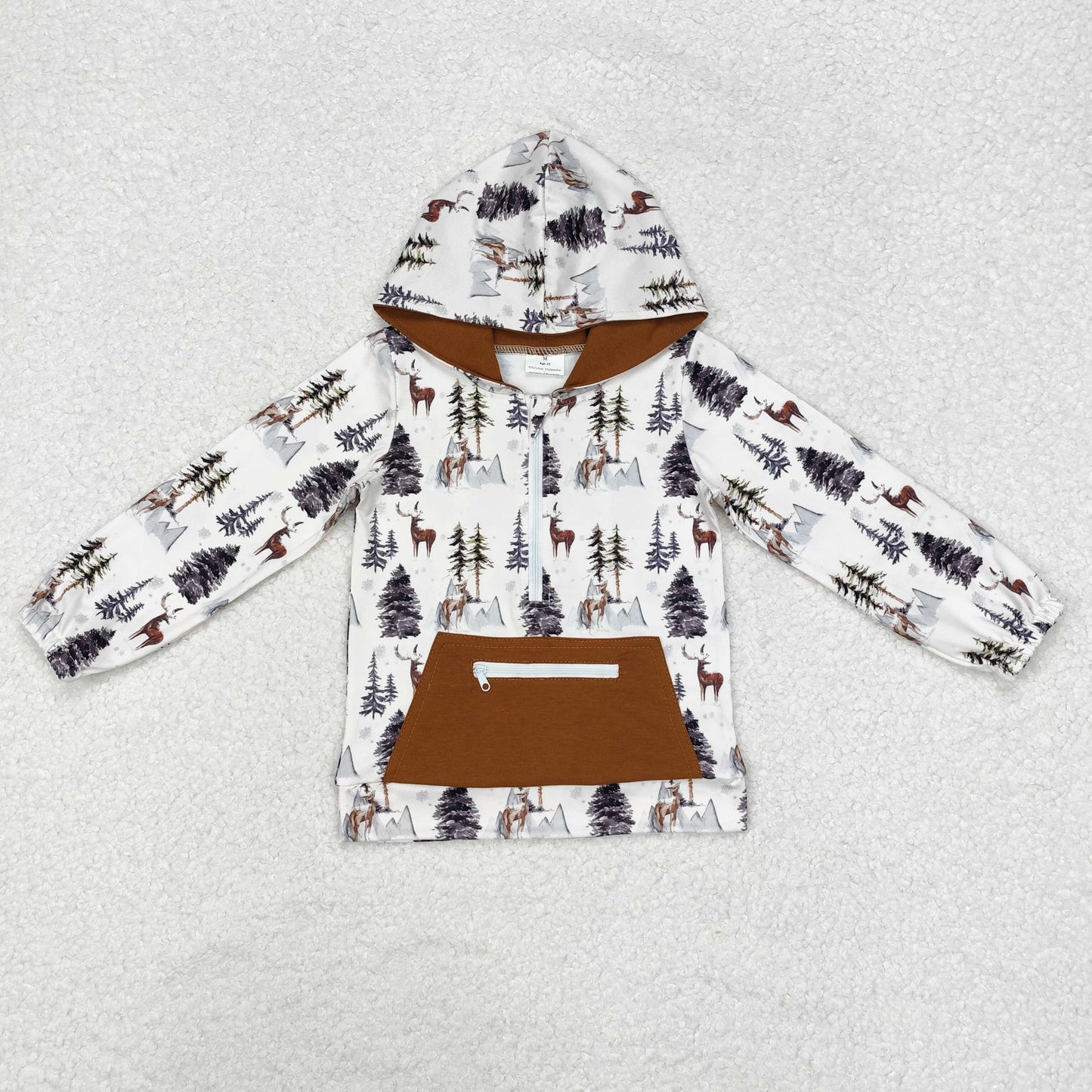 BT0758 Deer Tree Print Pocket Boys Hoodie Zipper Tee Shirts Top