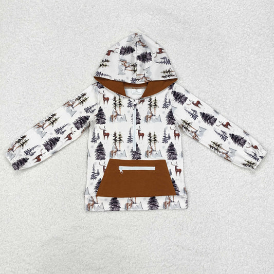 BT0758 Deer Tree Print Pocket Boys Hoodie Zipper Tee Shirts Top