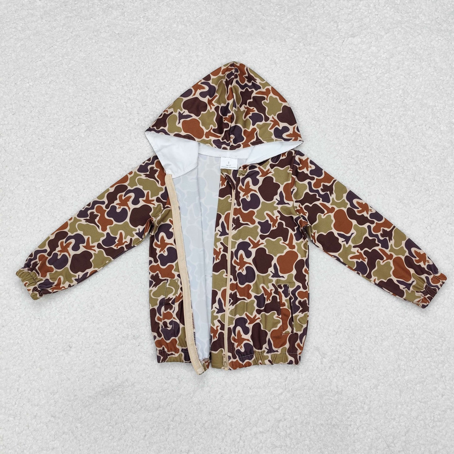 BT0762 Duck Brown Camo Print Pocket Boys Hoodie Zipper Jacker Top