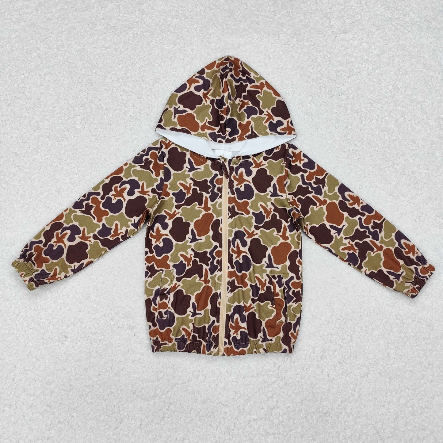 BT0762 Duck Brown Camo Print Pocket Boys Hoodie Zipper Jacker Top