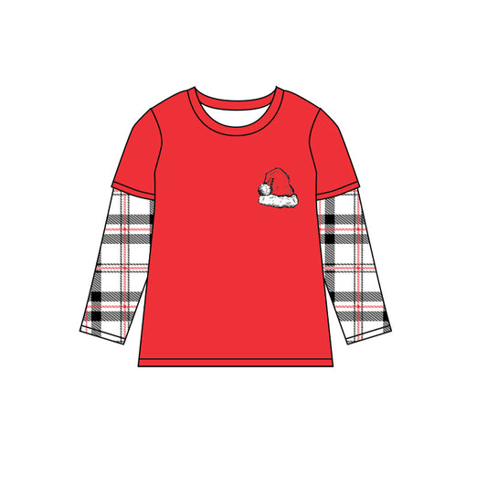 (Pre-order)BT0768 Santa Hat Plaid Print Boys Chistmas Tee Shirts Top