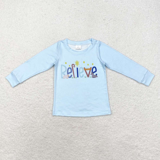 BT0775 Believe Nativity Blue Print Boys Fall Tee Shirts Top