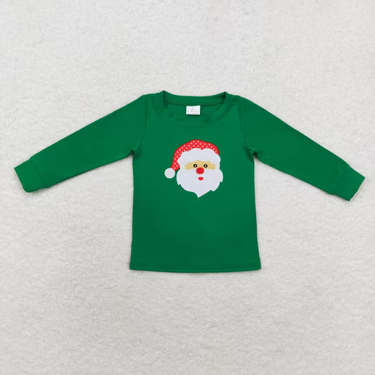 BT0790 Santa Embroidery Green Print Boys Christmas Tee Shirts Top