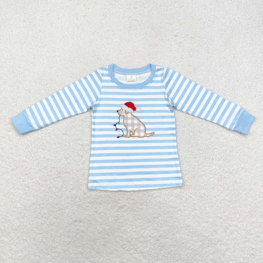 BT0791 Dog Embroidery Stripes Print Boys Christmas Tee Shirts Top