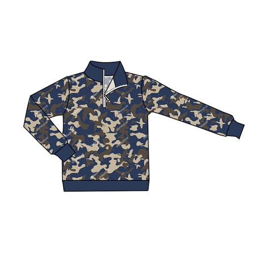 (Pre-order)BT0800 Navy Camo Duck Print Boys Fall Pullover Zipper Tee Shirts Top