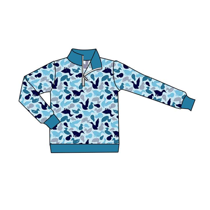 (Pre-order)BT0801 Blue Camo Duck Print Boys Fall Pullover Zipper Tee Shirts Top