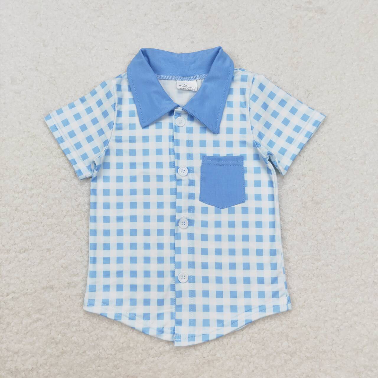 BT0806 Blue Plaid Print Pocket Boys Summer Polo Tee Shirts Top