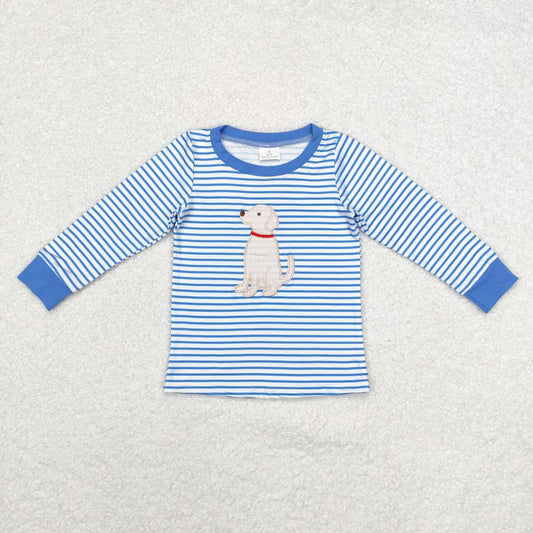 BT0808 Dog Embroidery Blue Stripes Print Boys Fall Tee Shirts Top