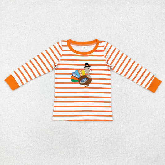 BT0816 Turkey Embroidery Orange Stripes Print Boys Thanksgiving Tee Shirts Top