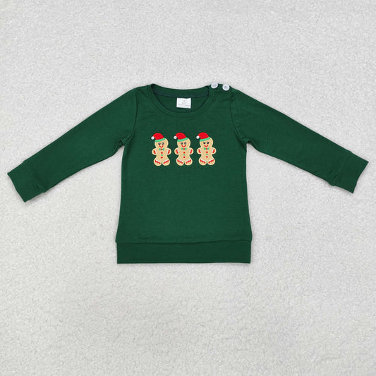 BT0817 Gingerbread Embroidery Green Color Boys Christmas Tee Shirts Top