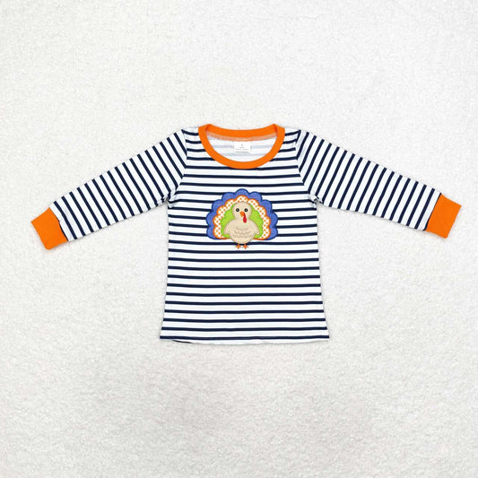 BT0818 Turkey Embroidery Navy Stripes Print Boys Thanksgiving Tee Shirts Top