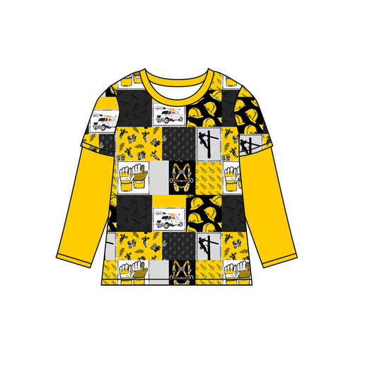 (Pre-order)BT0828 Worker Yellow Print Boys Fall Tee Shirts Top