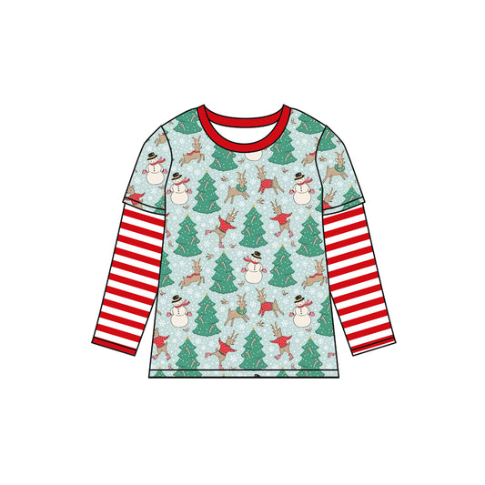 (Pre-order)BT0841 Snowman Deer Tree Print Boys Christmas Tee Shirts Top