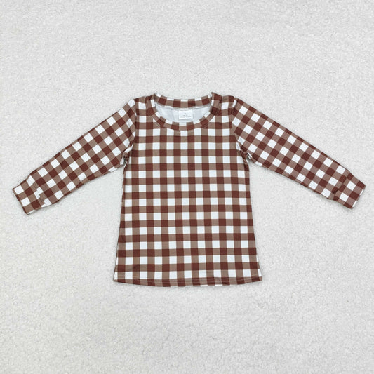 BT0853 Brown Plaid Print Boys Fall Tee Shirts Top