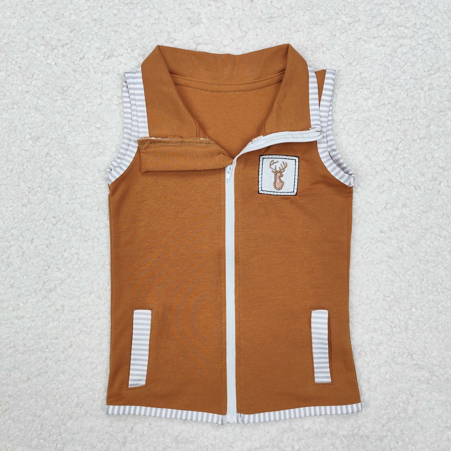 BT0855  Deer Embroidery Brown Stripes Print Kids Zipper Jacket Fall Vest Tops