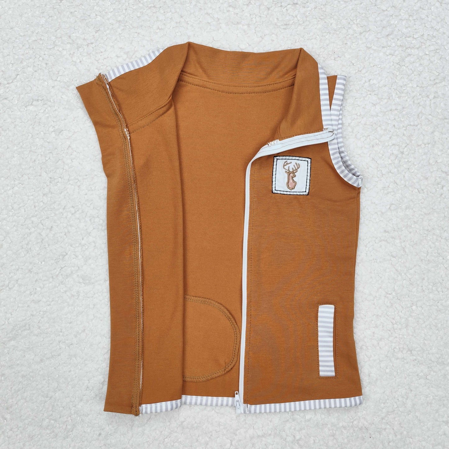 BT0855  Deer Embroidery Brown Stripes Print Kids Zipper Jacket Fall Vest Tops