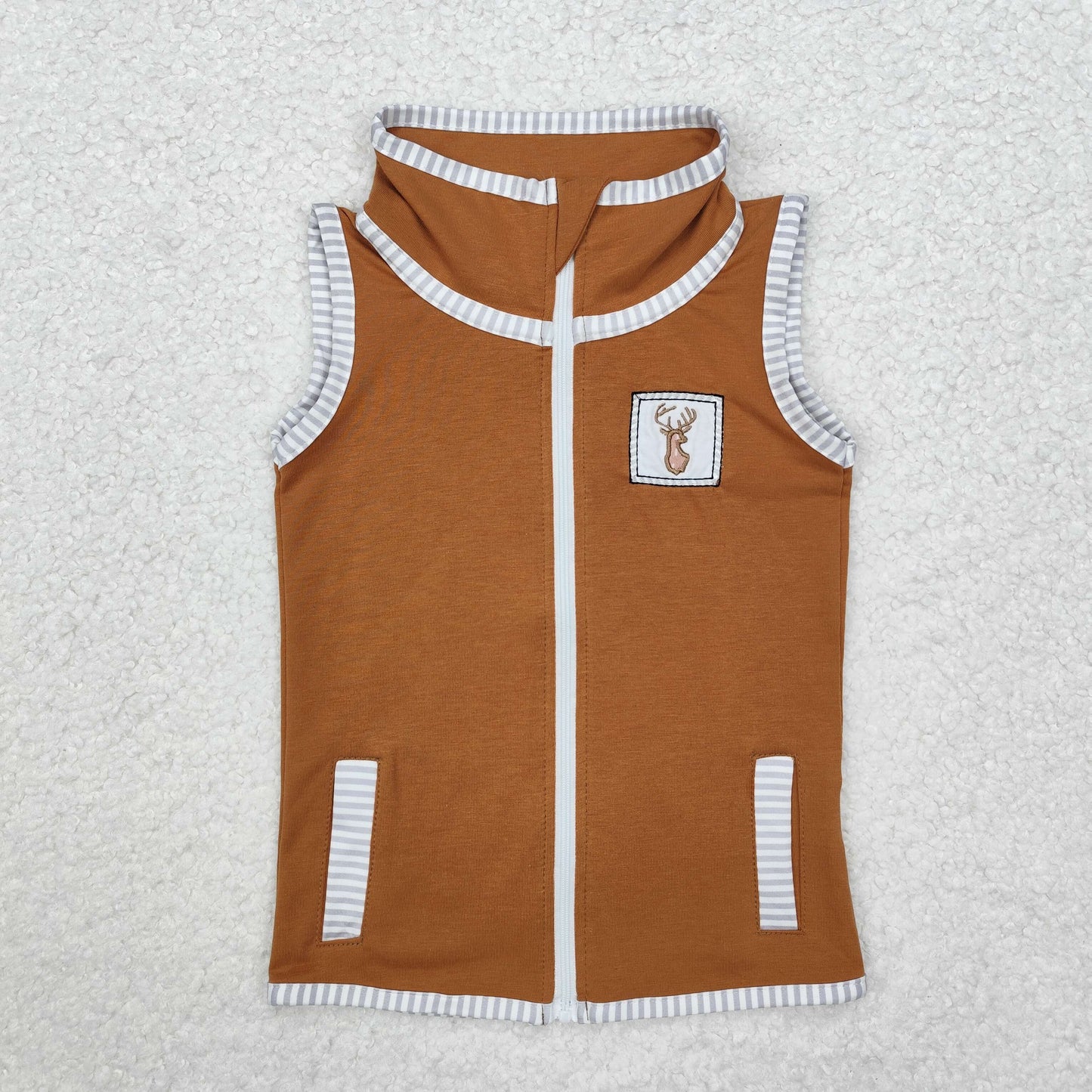 BT0855  Deer Embroidery Brown Stripes Print Kids Zipper Jacket Fall Vest Tops