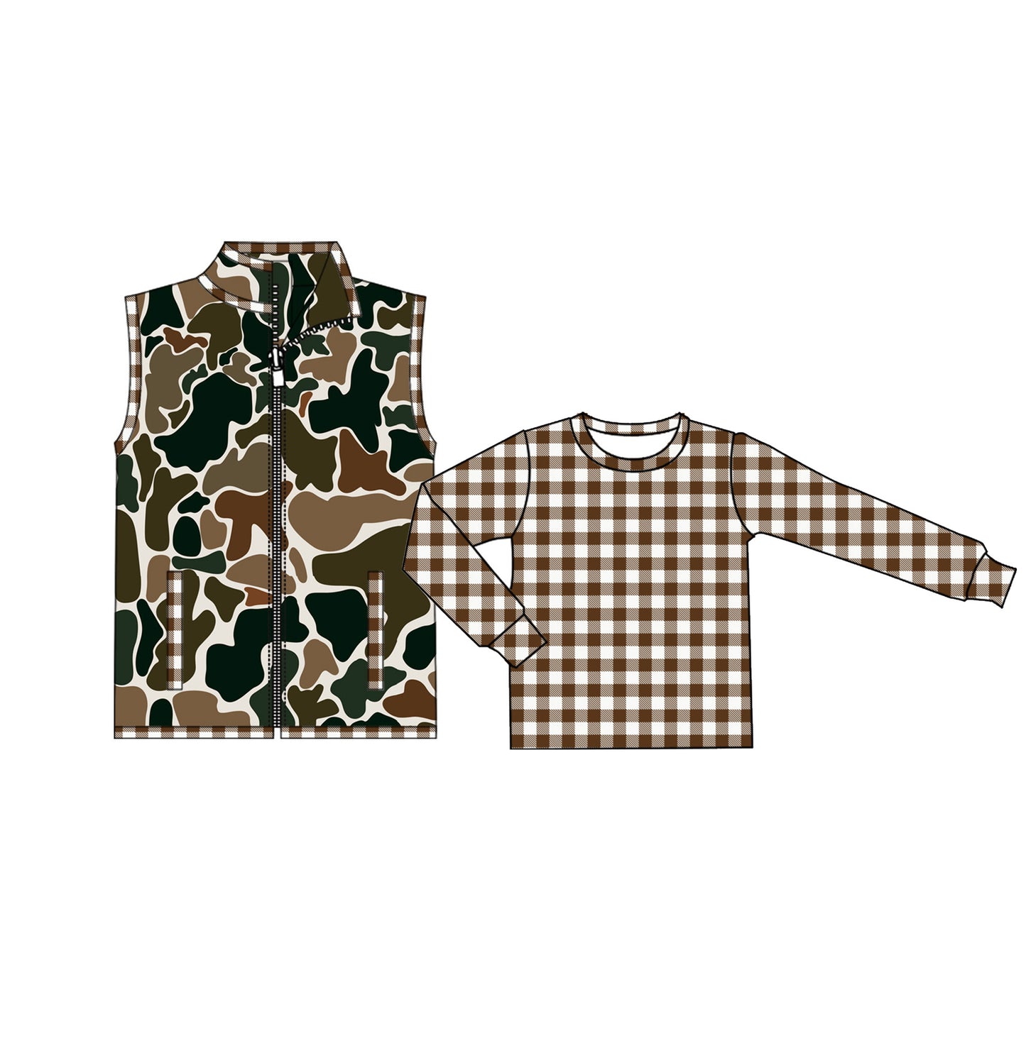 (Pre-order) BT0857  Brown Plaid Camo Vest Boys 2 Pieces Tops