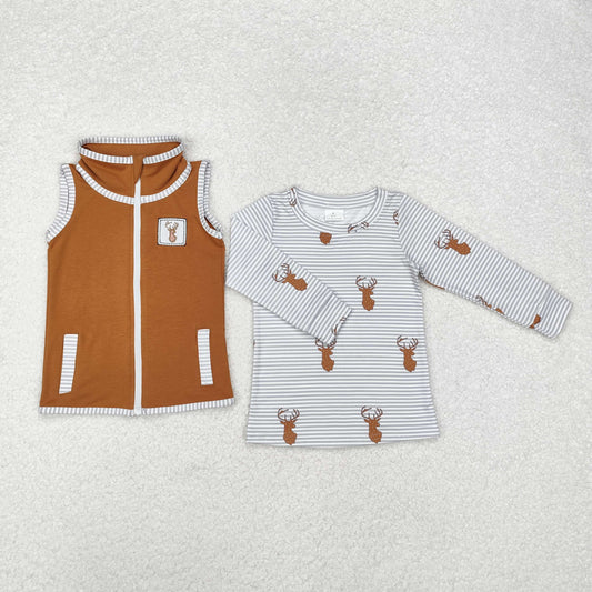 BT0858  Deer Embroidery Brown Vest Boys 2 Pieces Tops