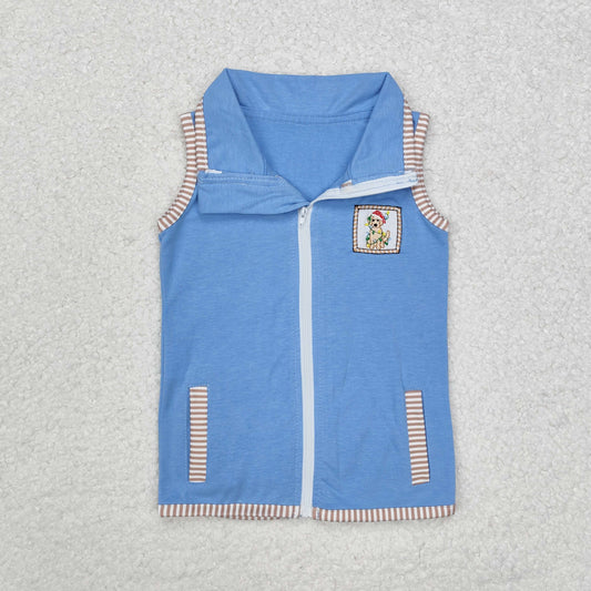 BT0860  Dog Lights Embroidery Stripes Print Blue Color Kids Zipper Jacket Christmas Vest Tops