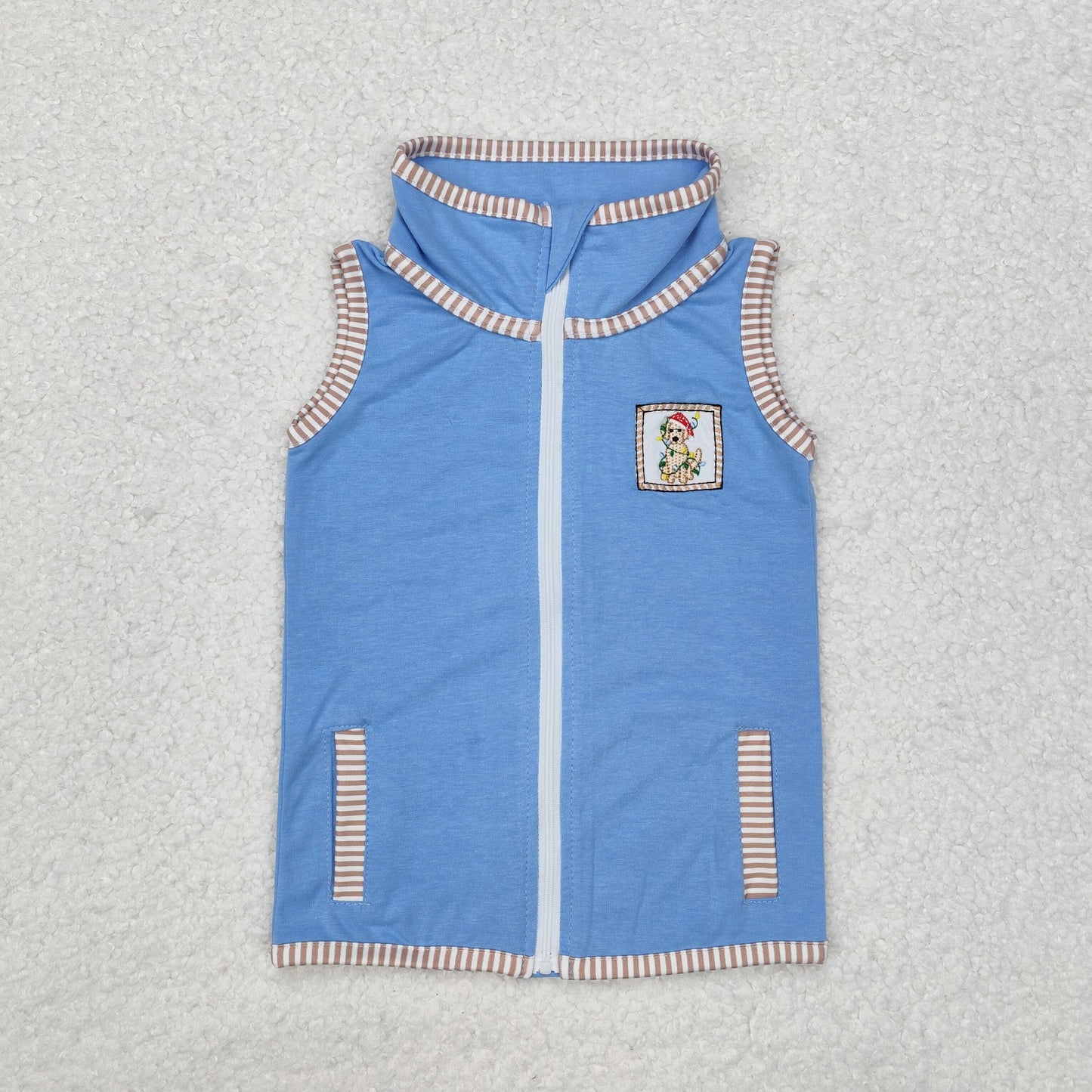 BT0860  Dog Lights Embroidery Stripes Print Blue Color Kids Zipper Jacket Christmas Vest Tops