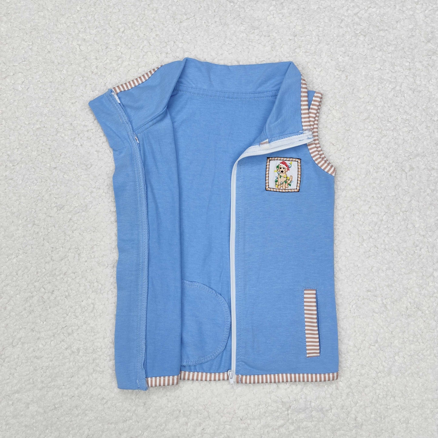 BT0860  Dog Lights Embroidery Stripes Print Blue Color Kids Zipper Jacket Christmas Vest Tops