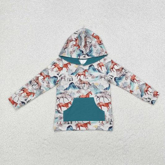 BT0868 Horse Print Boys Fall Hoodie Tee Shirts Top