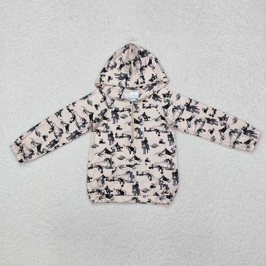 BT0874 Cowboy Cactus Print Boys Western Fall Zipper Hoodie Top