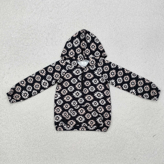 BT0875 Black Aztec Print Kids Western Zipper Hoodie Top