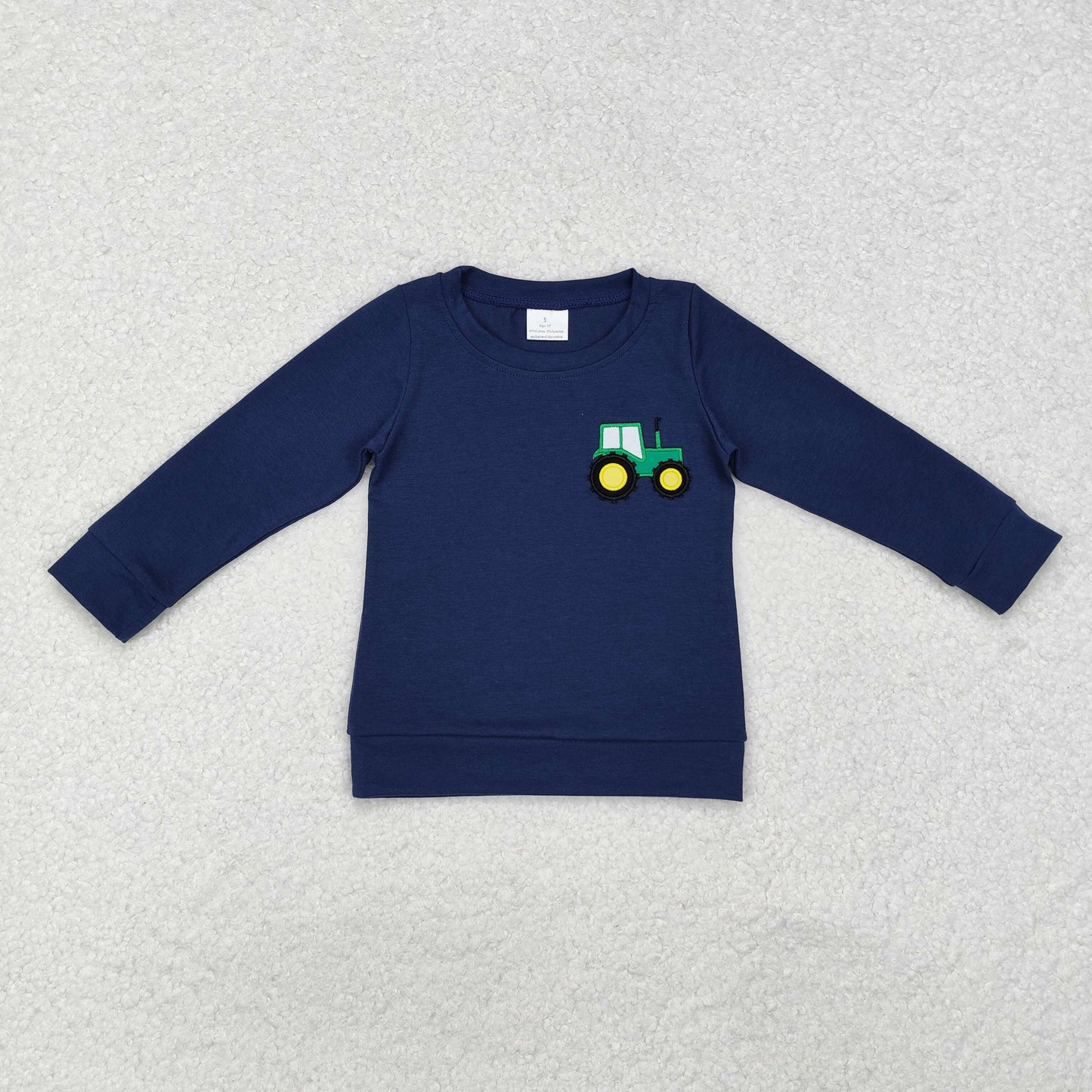 BT0879  Tractor Embroidery Navy Color Boys Fall Tee Shirts Top