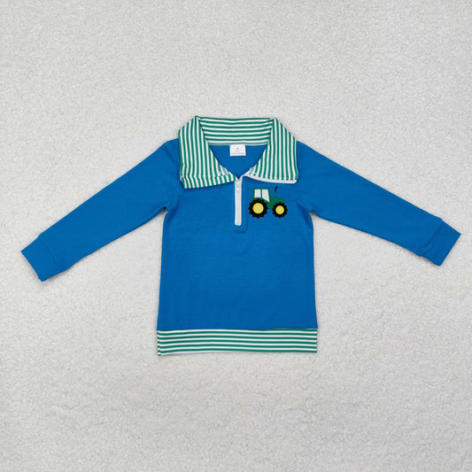 BT0892 Tractors Embroidery Blue Print Boys Pullover Zipper Top