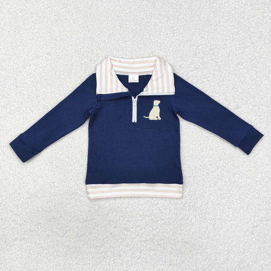 BT0893 Dog Embroidery Navy Print Boys Pullover Zipper Top