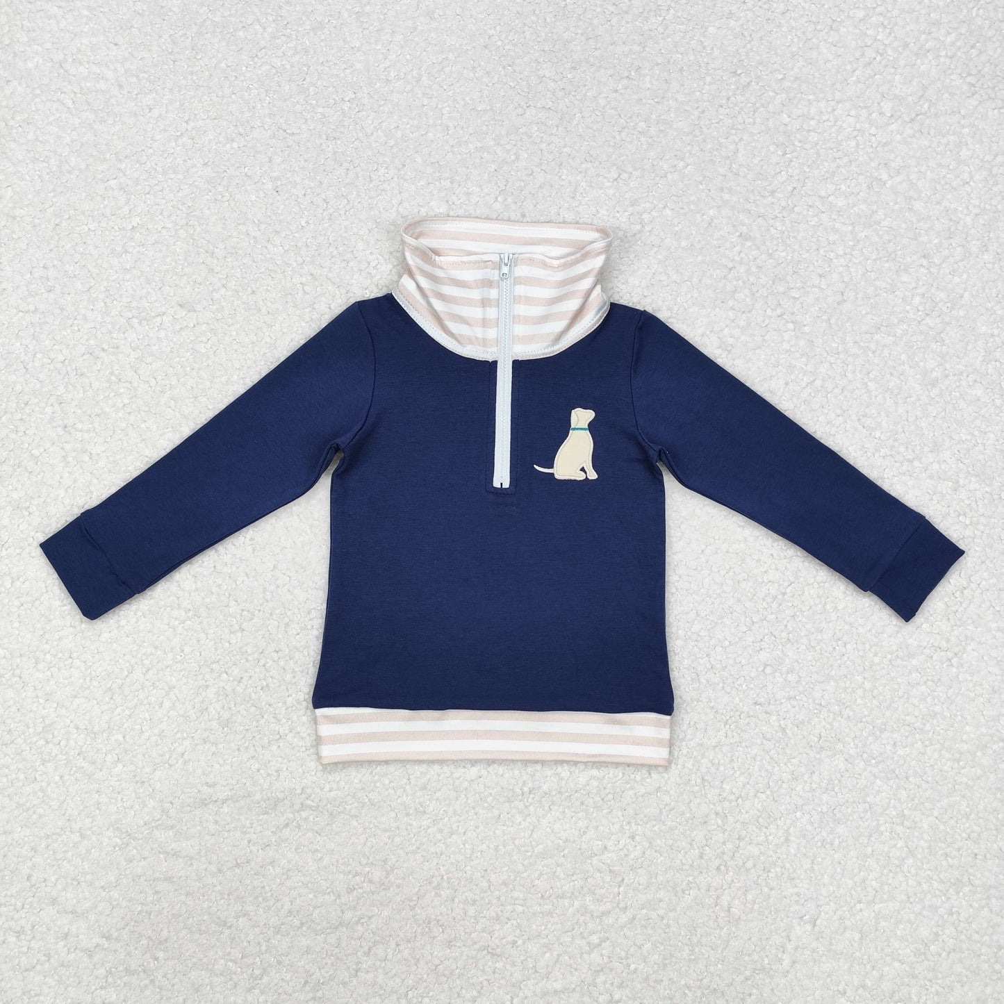 BT0893 Dog Embroidery Navy Print Boys Pullover Zipper Top