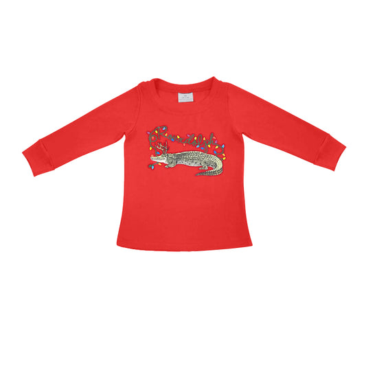 (Pre-order)BT0898  Crocodile Lights Red Print Boys Christmas Tee Shirts Top