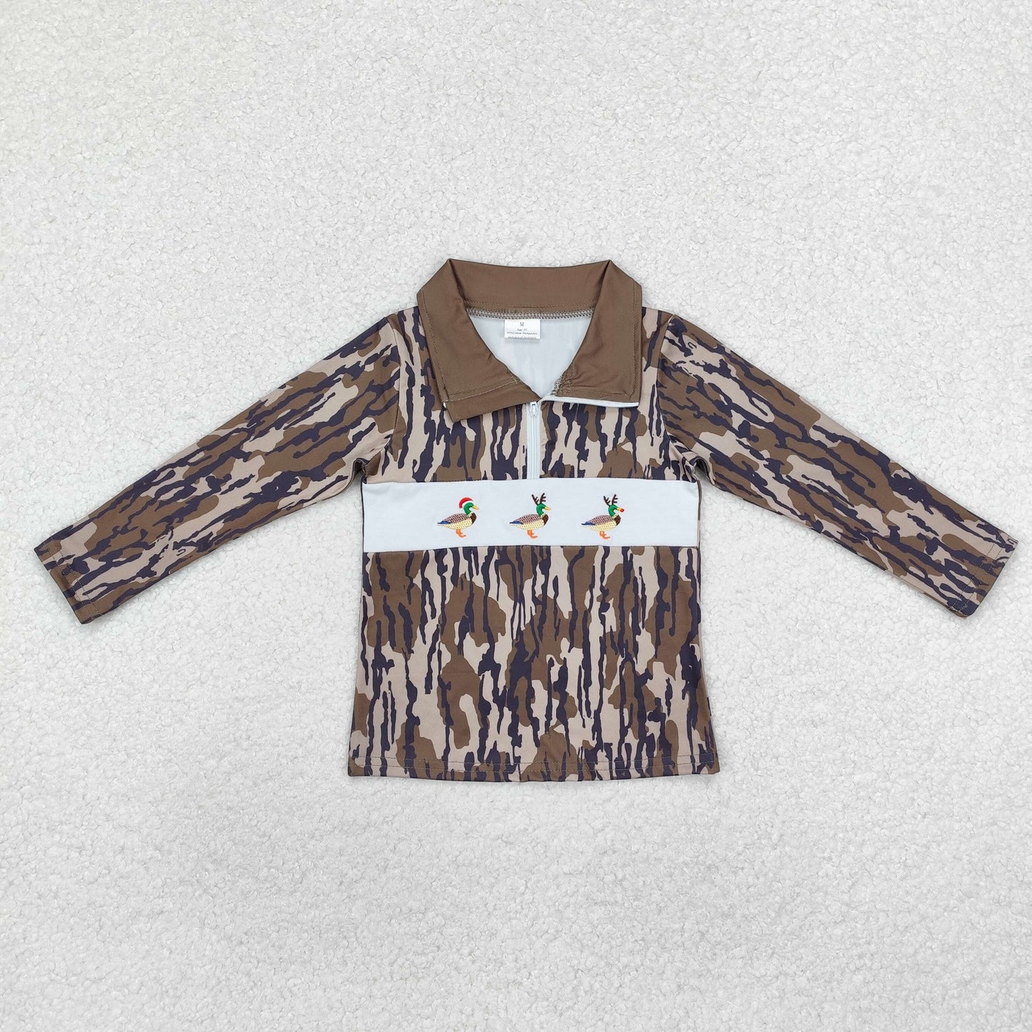 BT0901 Duck Embroidery Camo Print Boys Christmas Pullover Zipper Top